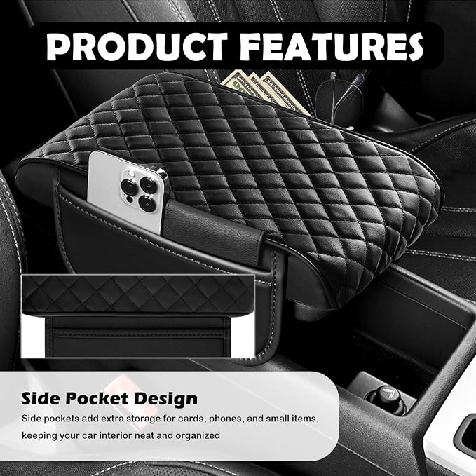 Thickened Car Center Console Cover with Side Pockets,Diamond Lattice Arm Rest Cover for Car Provides Comfortable Support,Leather Cars Middle Console Covers as Cars Accessories Interior - Image 3