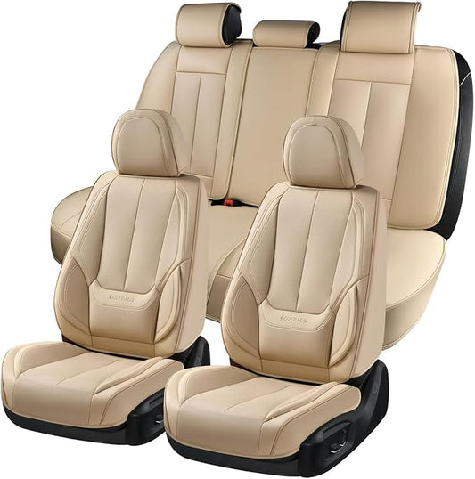 Coverado Car Seat Covers Full Set, Car Seat Protector Waterproof, Nappa Leather Car Seat Cushion, Beige Seat Covers for Cars, Front Seats and Back Universal Fit for Most Cars by COVERADOAUTO
