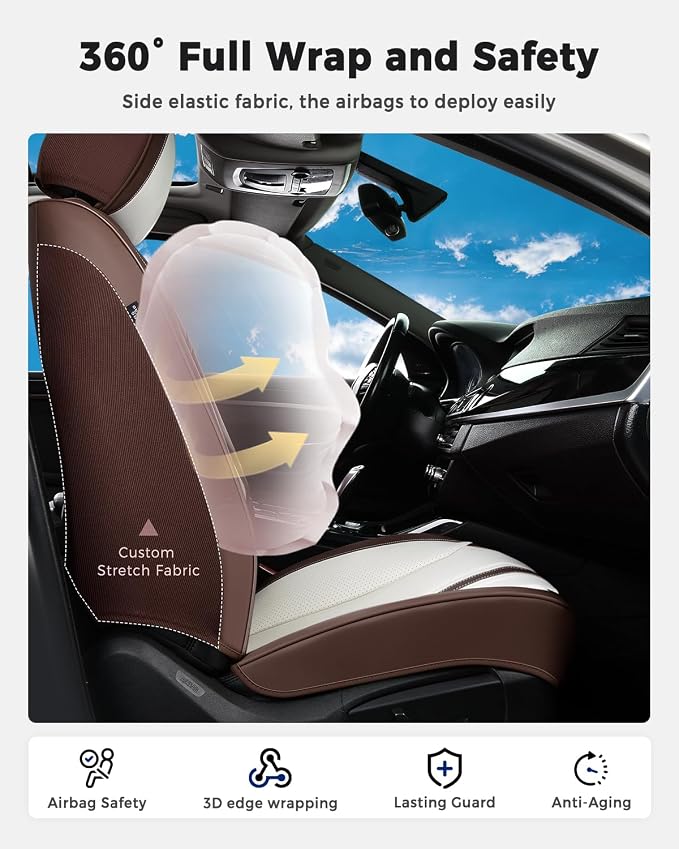 Huidasource Car Seat Covers Full Set, Luxury Faux Leather Car Seat Covers, Velcro Adjustable, with Airbags, Child Seat, Cooling＆Heating, Universal Fit for Most Cars, Vans, Trucks, SUVs, Coffee＆White - Image 4