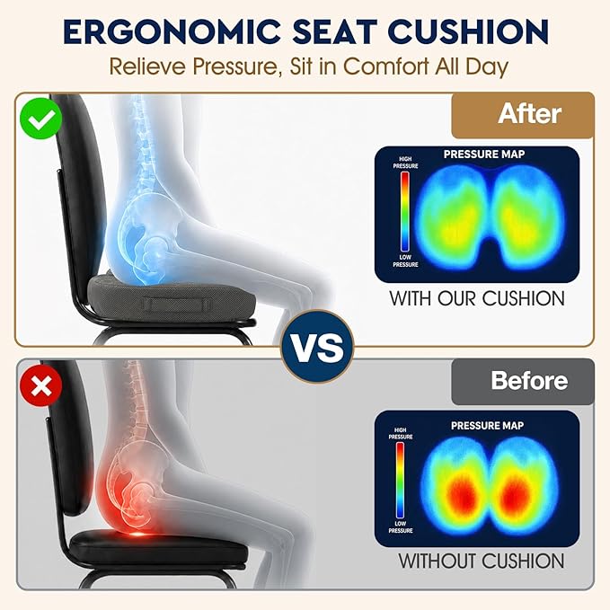 Seat Cushion - Memory Foam Sitting Pillow for Office Chair, Car Seat, Airplane, Bleacher - Sciatica & Hip & Coccyx Pain Relief Desk Chair Cushion for Long Sitting Office Workers, Car Drivers | for Car Seat, Airplane, Desk Chair - Sciatica & Hip & Coccy... - Image 3