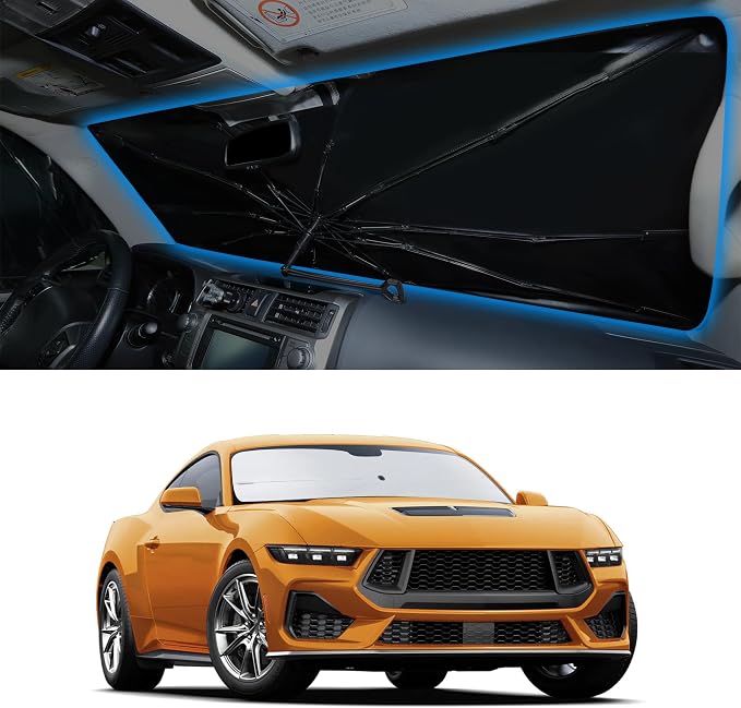 Windshield Sun Shade Umbrella for 2015-2026 Fo-rd Mustang | Full covered for windshield, Block UV Rays, Heat Reduction, Easy to install, Durable & Fold Up Small by YYCKE