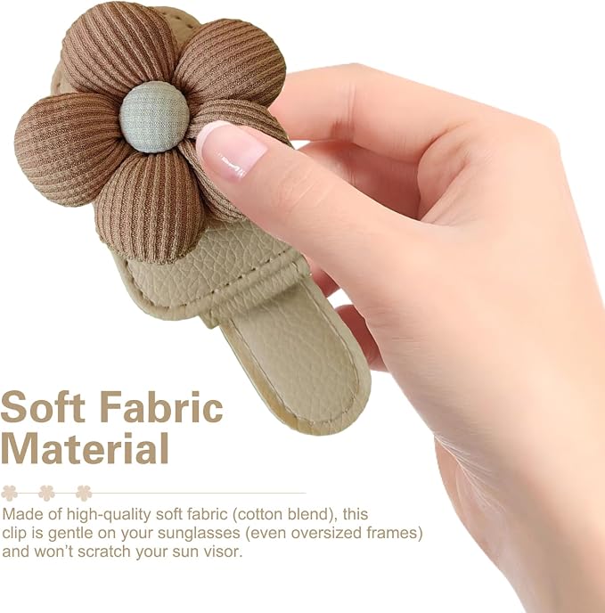 Sunglasses Holders for Car Sun Visor, Cute Visor Sunglasses Holder Clip with 3D Fabric Daisy, Creative Leather Glasses Holder and Ticket Card Clip, Universal for Most Cars (Brown) - Image 4