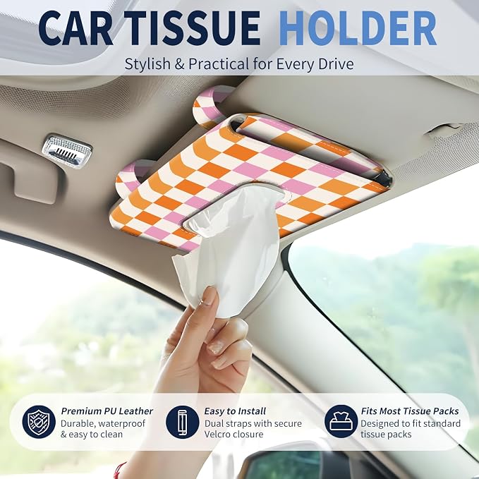Car Tissue Holder, Cute Sun Visor Napkin Holder Backseat Tissue Case, PU Leather Tissue Box, Funny Car Accessories for Women Men Colorful Funny Plaid - Image 2