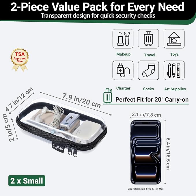 YQBRAO Clear Hard Shell Organizer Set, 2-Pack, Black | Two small rigid PET organizers for electronics, travel essentials, office supplies and everyday organization - Image 6