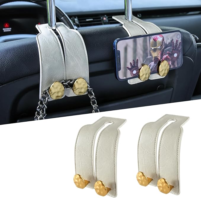 2PCS Leather Car Seat Hooks for Headrest, Vehicle Hanger Storage Organizer Universal for Handbag Purse, Car Accessories Gift (White-Gold) by Fashion