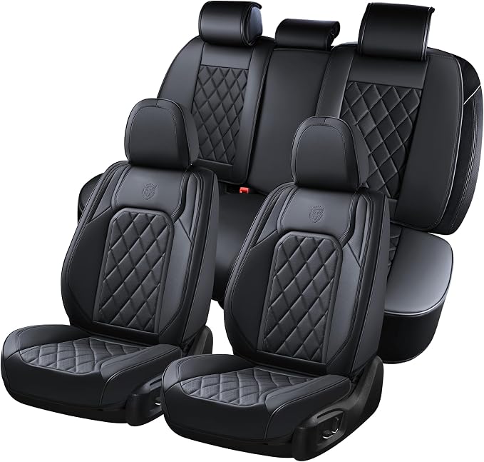 Coverado Car Seat Covers Full Set, Front and Back Seat Covers for Cars, Luxury Faux Leather Waterproof Seat Covers, Black Car Seat Covers, Car Seat Protector Accessories Universal Fit Most Vehicles by COVERADOAUTO