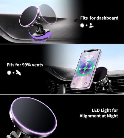 BHHB for Magsafe Car Mount Charger, [2026 Upgrade] 15W 2in1 Magnetic Wireless Car Charger, for Magsafe Car Charger, Vent/Dashboard Phone Holder, ONLY for iPhone 17 16 15 14 13 12 Series(Purple) - Image 3