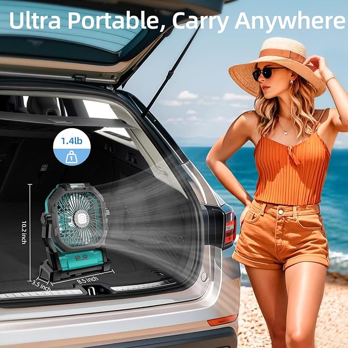 Camping Fan Rechargeable, 20000mAh Battery Powered Portable Fan with LED Light, 4-Speed 180° Adjustable, Camping Essentials for Tent, Travel, Car, Outdoor, Indoor, BBQ, Fishing, Jobsite - Blue - Image 7