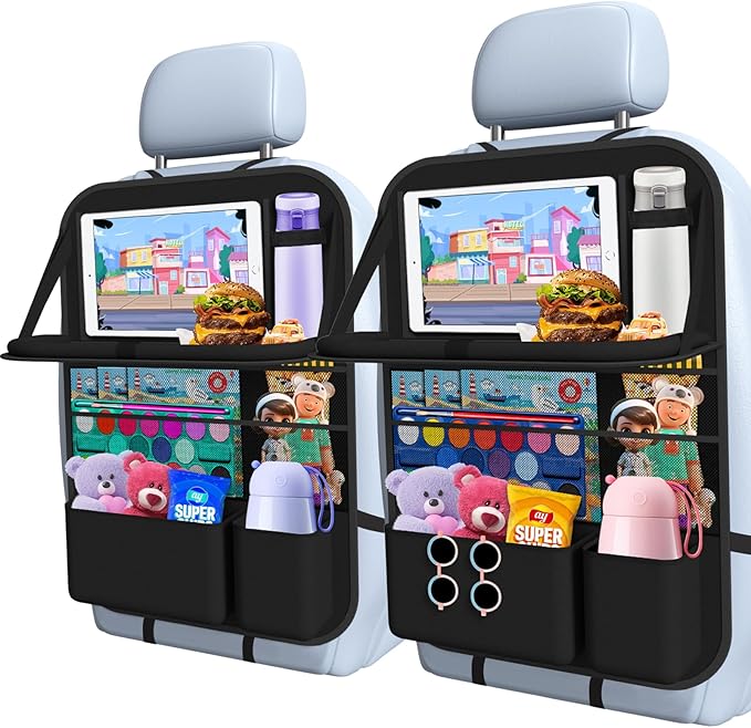 Car Backseat Organizer with Tray, Tablet Holder for Kids Road Trip | 600d Oxford Fabric, Waterproof & Easy-Clean, Foldable Tray Stows Away, Adjustable Straps Fit Car Seats, Multi-Size Pockets by Oneyus