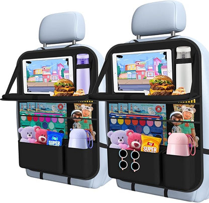 Car Backseat Organizer with Tray, Tablet Holder for Kids Road Trip | 600d Oxford Fabric, Waterproof & Easy-Clean, Foldable Tray Stows Away, Adjustable Straps Fit Car Seats, Multi-Size Pockets by Oneyus