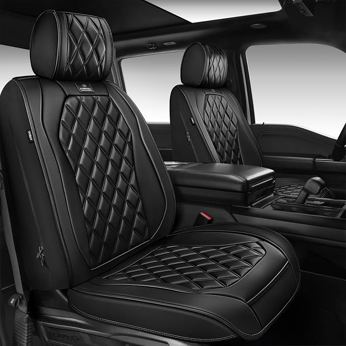 CAR PASS Luxury Nappa Leather Car Seat Covers Front Seats Only, Waterproof Faux Leather Front Seat Covers, Universal Automotive Seat Cushion Fit for Sedan SUV Truck Van, Airbag Compatible Rhomb Black - Image 7