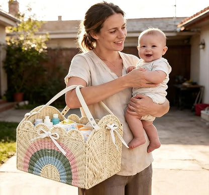 Large Baby Diaper Caddy, Paper Rope Storage Baskets Nursery Bin with Removable Divider, Portable Car Organizer for Diapers, Baby Shower Gifts, Newborn Essentials Must Haves (Light beige) - Image 8