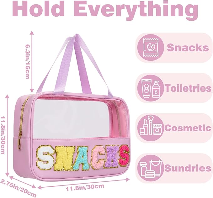 Snack Bags Chenille Letter Clear Makeup Bag Snacks Bags for Travel, Clear Snack Pouch, Preppy Cosmetic Bag, Sunscreen Bag, Travel Toiletry Pouches Cosmetic Pouch for Women and Girls - Image 4