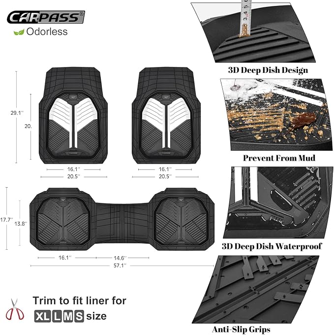 CAR PASS Heavy Duty Rubber Car Mats, Deep-Dish Car Floor Mats All Weather, Universal Two-Tone Trim-to-Fit for SUVs Trucks Sedans, Waterproof Anti-Slip, 3 Pieces V12 Black and White - Image 5