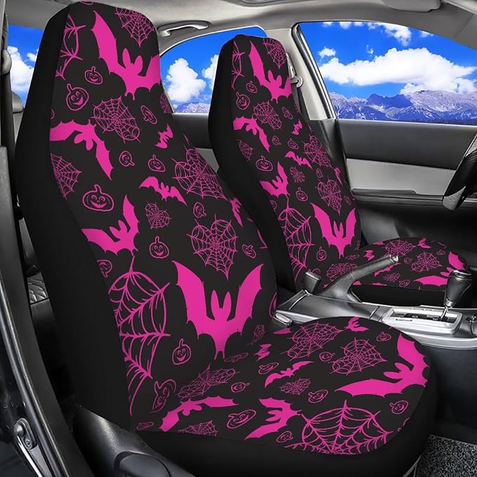 Pink Bats Car Seat Covers for Front Seats, Spider Web Breathable Seat Protectors, Set of 2, Universal Fit for Most Cars, SUVs and Sedans - Image 2