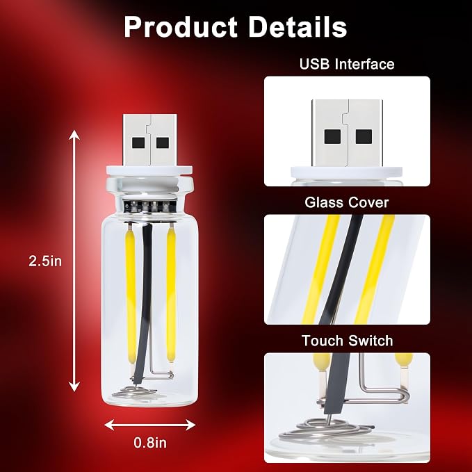 Car USB Night Light Touch Dimmable - 1-Pack Retro LED Filament Lamp for Truck Interior, Bedroom & Camping | Glass Bottle Ambiance Lighting (Red) - Image 5