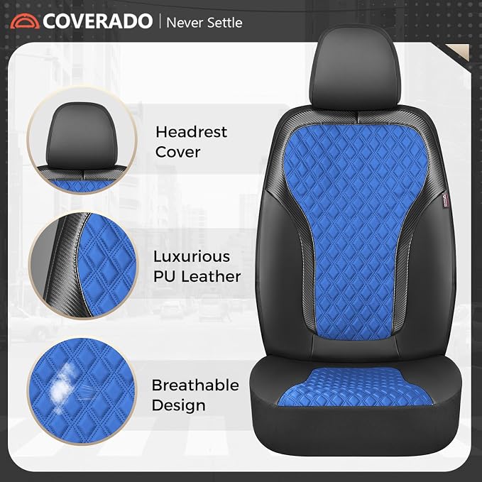 Coverado Automotive Seat Covers, Front Leather Car Protectors 2-Pack, Spill-Proof Seamless Car Seat Cushion, Black&Blue Car Seat Cover, Driver Seat Covers Universal Fit for SUV, Truck, Sedan - Image 6