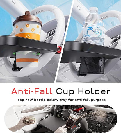 Car Steering Wheel Tray for Drivers Steering Wheel Tray for Dining, Mobile Office & Travel Food with Cup Holder, Scratch-Free EVA Hook Covers, 2-in-1 Desk Table for Car - Black - Image 5