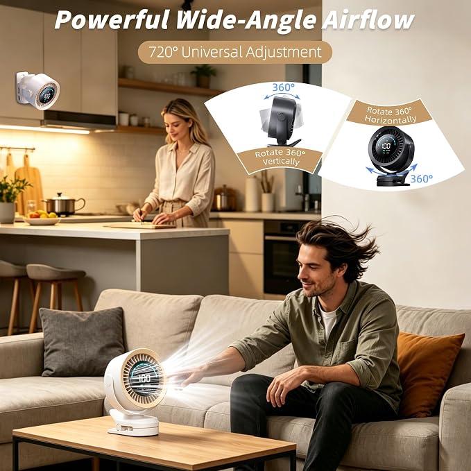 Portable Clip on Fan, Rechargeable USB Desk Fan with Turbo Airflow, 100 Speeds LED Display, 360° Rotation, Small Quiet Battery Powered Fan for Stroller Outdoor Travel Camping Golf Cart, White - Image 5