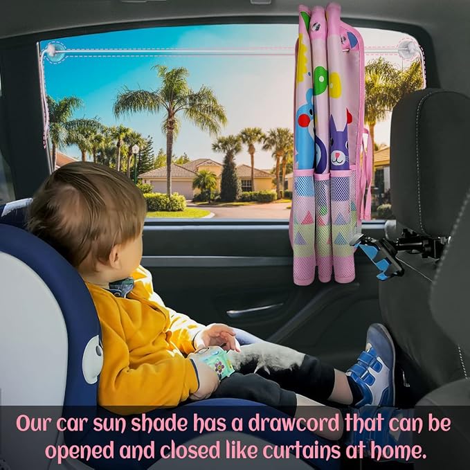 DIZA100 Car Sun Shade for Window Baby (2 Pack), Blackout Window Shades with Storage Net Pocket, 7 Suction Cups, Cute Patterns for Sun/Heat/UV Rays Block - Image 3