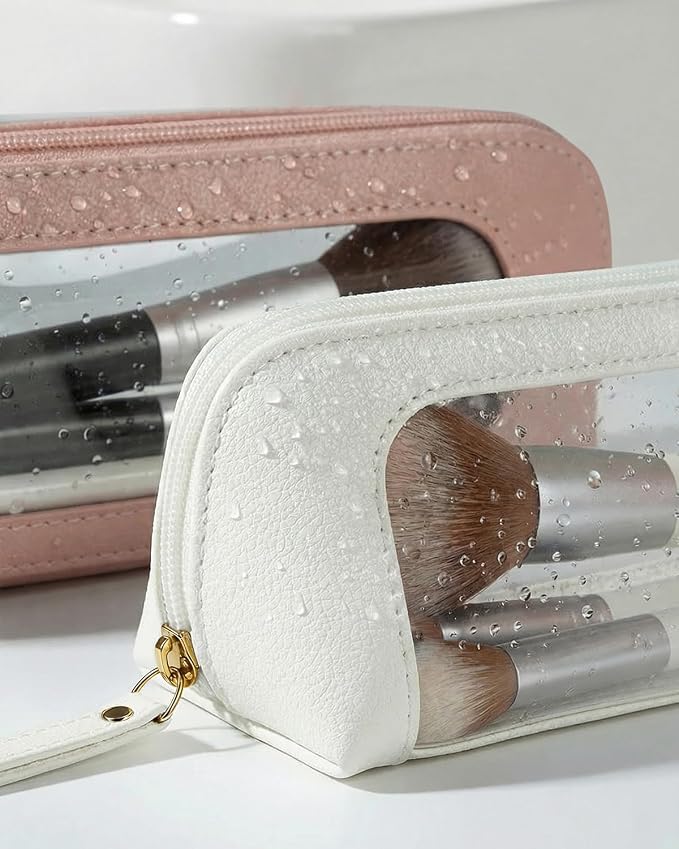 Cute Pencil Case Small,Clear Travel Makeup Brush Holder,Waterproof PU Leather Cosmetic Brush Pouch with Zipper,Portable Makeup Brush Organizer Case for Women Girls Daily Use (Chic White) - Image 3