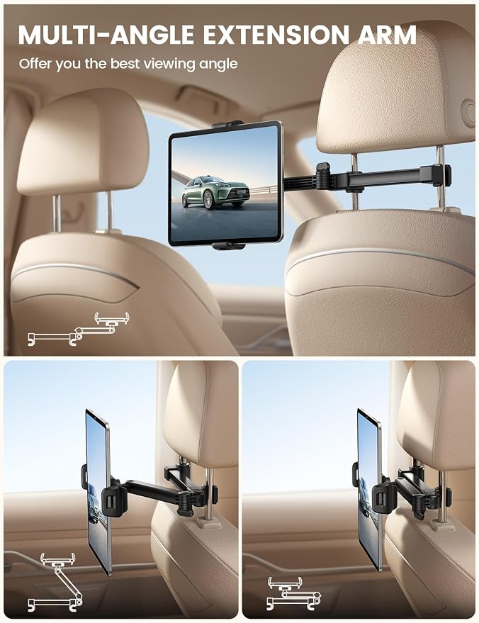 Lamicall Car Headrest Tablet Holder, Foldable Clip, Lockable | Tablet Mount for Car Backseat, Car Accessories for Kids, for iPad Pro, Air, Mini, Galaxy Tab, Fire HD, 5.4-13" Tablets - Image 3
