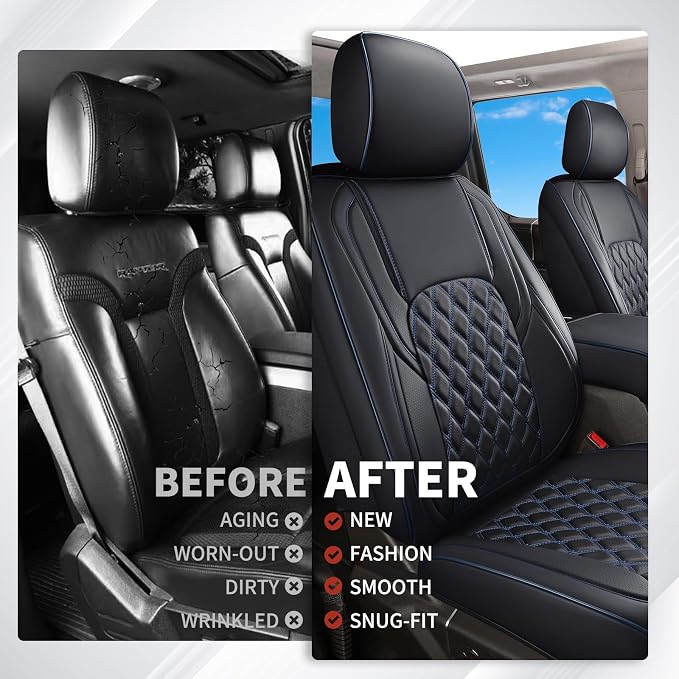 Huidasource Ford F150 Front Seat Covers, Full Coverage Faux Leather Pickup Seat Protector Fit for 2015-2026 Ford F150 SuperCrew & 2017-2026 F250 F350 F450 Super Duty Crew Cab (Front Pair/Black&Blue) - Image 7