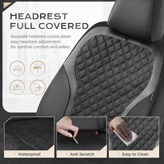 Coverado Seat Covers Full Set, Luxury Leather Car Seat Cover with Carbon Fiber Accents Design, Spill-Proof Durable Black Automotive Seat Covers, Front and Rear Seat Protectors Universal Fit Most Cars - Image 3