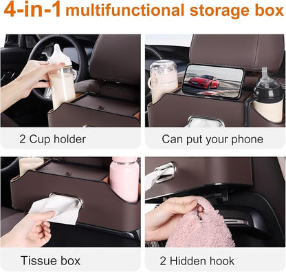 Car Seat Back Cup Holder, 4-in-1 Multifunctional Backseat Organizer with Tissue Box Storage & Hooks (Brown) - Image 2