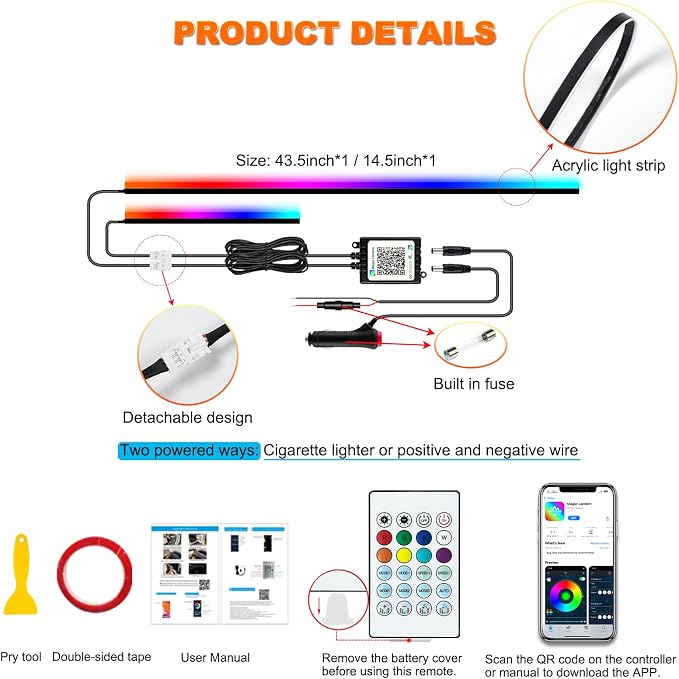 Jushope Interior Car LED Strip Lights, Acrylic LED Lights for Car with Dynamic Dreamcolor Chasing, Ambient Lighting Kits Music Sync Wireless APP and RF Remote Control (43.5+14.5'') - Image 6
