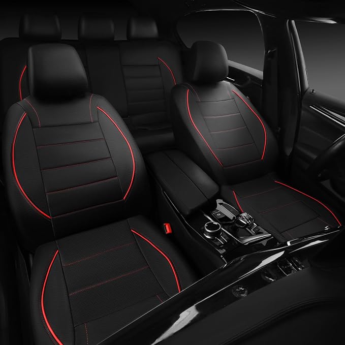 CAR PASS Universal FIT Piping Leather Two Front Seat Covers, Waterproof Faux Leather for SUV Sedan Van Truck, Airbag Compatible,Reserved Opening Holes for Headrest Covers. (Black red) - Image 4