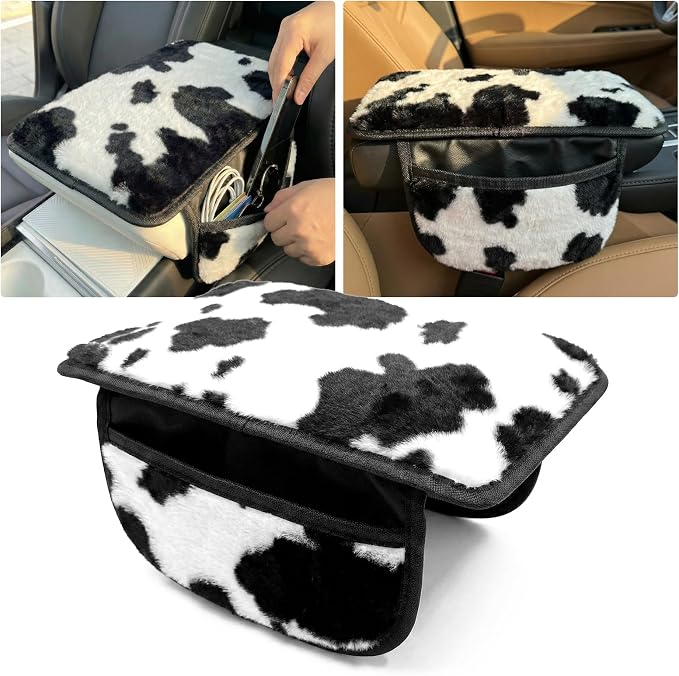 Plush Fuzzy Car Center Console Cover with 2 Side Pockets, Cow Print | Fluffy Armrest Cushion Pad,Soft Car Interior Accessories with Storage for Men & Women,Universal Fit for Vehicles SUV Truck by Unknown