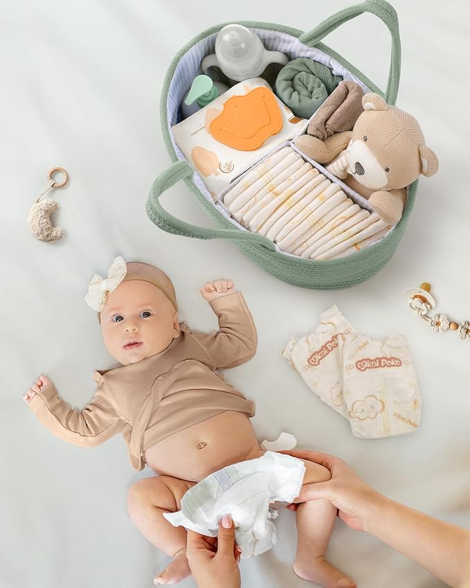 Maliton Diaper Caddy Organizer for Baby, Portable Diaper Storage Organizer for Changing Table and Car, Cotton Rope Nursery Storage Bin Basket for Baby Shower, Newborn Essentials Must Haves - Green - Image 6