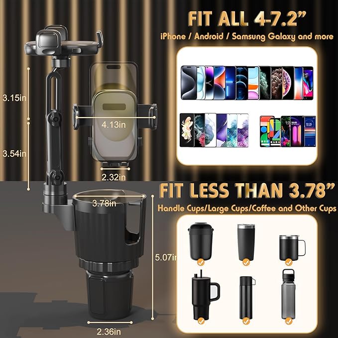 Phone Holders for Your Car, 2 in 1 Universal Stable Cup Car Phone Holder | Adjustable Base with Phone Mount, Hand Free, Long Arm, Non-Slip, 360°Rotation Cup Holder Phone Mount for All Smartphones - Image 4