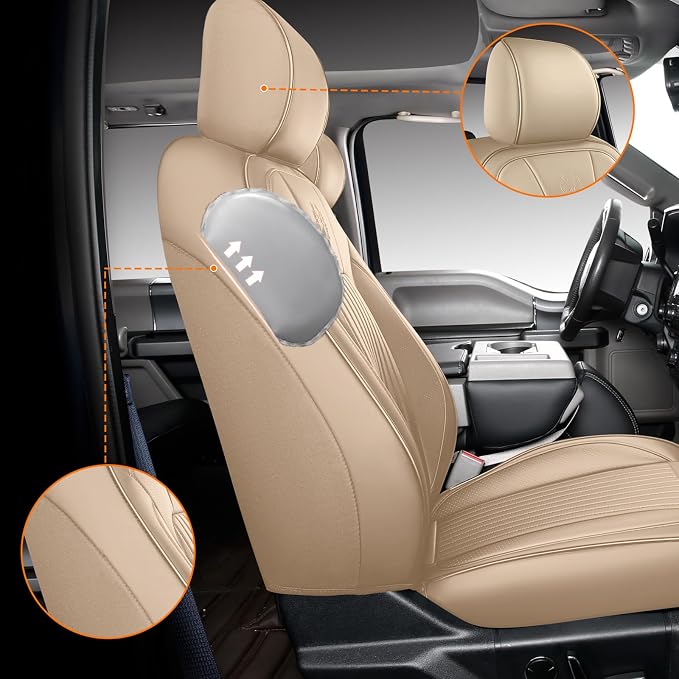 MINGBRON F150 Front Seat Covers, 360° Full Coverage Leather Car Seat Protector Fit for Ford F150 2009-2026&F250 F350 F450 2017-2025 All Cab XL XLT Lariat King Ranch Platinum (Front Pair/Beige) - Image 5