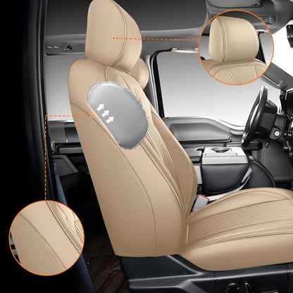 MINGBRON F150 Front Seat Covers, 360° Full Coverage Leather Car Seat Protector Fit for Ford F150 2009-2026&F250 F350 F450 2017-2025 All Cab XL XLT Lariat King Ranch Platinum (Front Pair/Beige) - Image 5