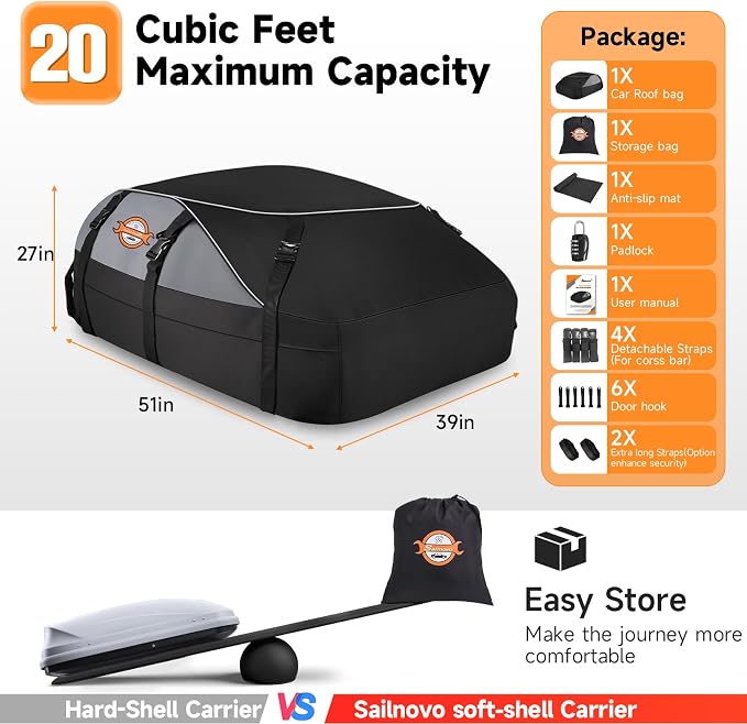 Sailnovo Rooftop Cargo Carrier roof Bag, 20 Cuft fit Cars with/Without Rack | Soft Waterproof Car Roof Bag,6 Tie-Down Straps, 6 Door Hooks,Foldable Car Top Carrier for Road Trip Camping Travel - Image 8