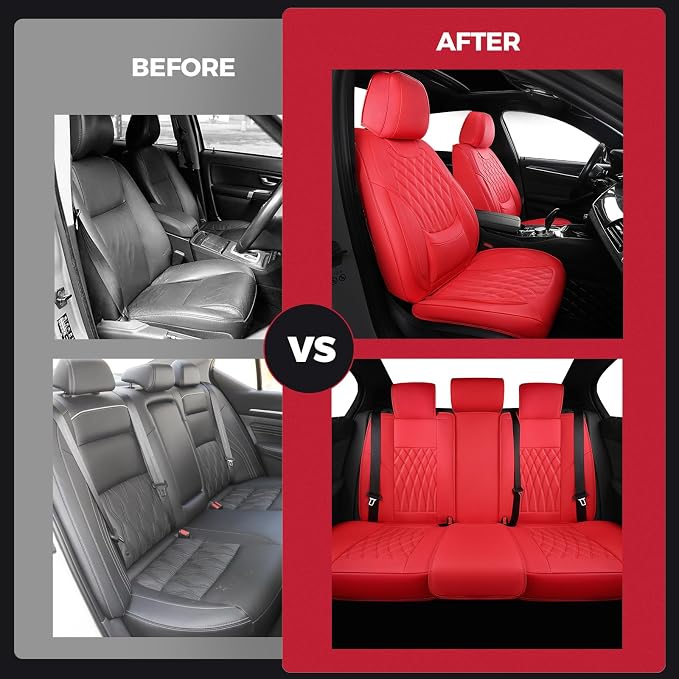 FREESOO Car Seat Covers Full Set Faux Leather Universal Fit Red | faux nappa leather seat covers, waterproof breathable, full set lumbar support, front rear covers, fit sedans suvs pickups - Image 9