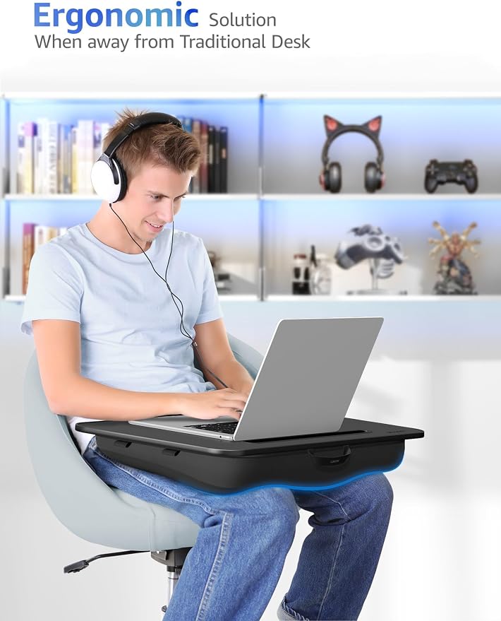 Lap Desk – L.DOCTOR Cushioned Lap Desks, Portable Laptop Desk for Bed, Couch & Floor, Washable Cushion, Built-in Phone & Tablet Slot, Fits 17.3" Laptop – Working, Writing, Gaming – Large, Black - Image 2