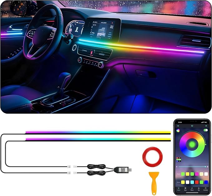 Acrylic Interior Car LED Strip Lights, USB Dreamcolor (2 in 1) | Acrylic LED Lights for Car with Wireless APP and Button Control, RGB Dynamic Chasing, Music Sync Ambient Lighting Kits by SAMGCHI