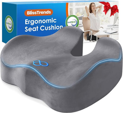 BlissTrends Memory Foam Seat Cushion for Office Chair & Car Seat, LightGrey | Ergonomic Tailbone & Sciatica Support with Removable Velvet Cover for Pressure Relief and Long Sitting Comfort, 3.3" Thick by BlissTrends