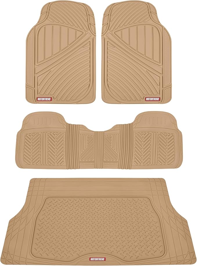 Motor Trend FlexTough Performance All Weather Rubber Car Floor Mats with Cargo Liner - Full Set Front & Rear Floor Mats for Cars Truck SUV, Automotive Floor Mats (Beige) by MotorTrend
