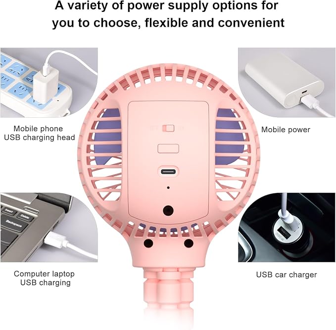 Portable Stroller Fan, USB or Rechargeable Battery Operated with 3 Speeds and 360°Rotate, Cooling Clip On for Baby Crib Travel Car Seat Pink - Image 7