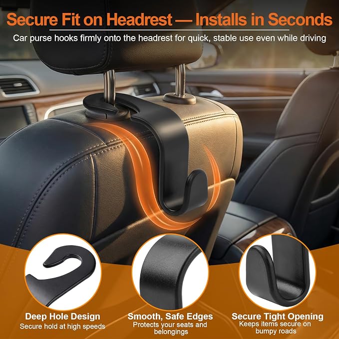 EZ COZY Purse Hook for Car 4 Pack, Deep Anti-Drop Car Seat Hooks for Headrest, Thick ABS Plastic Holds 55 Lbs, Heavy Duty Car Purse Holder & Car Accessories Interior for Handbags, Car Organizer Black - Image 2
