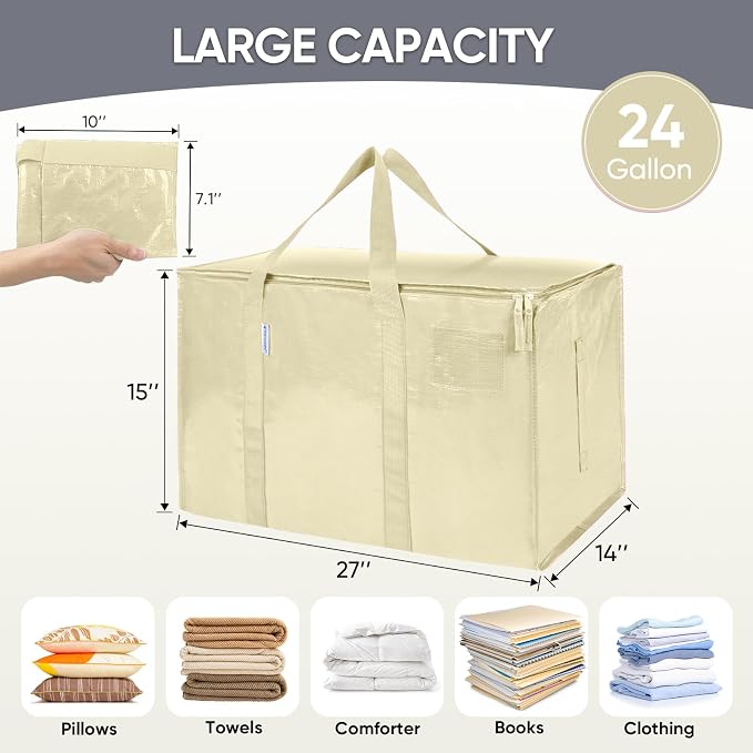 TICONN 8 Pack Extra Large Moving Bags Heavy Duty with Zippers & Carrying Handles, Durable Storage Bags Moving Boxes for Closet Organizers and Storage (8 Pack, Cream) - Image 5