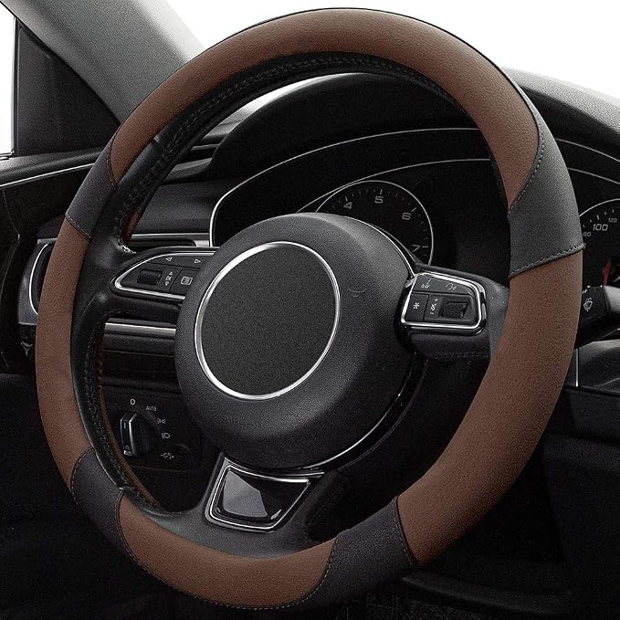 Steering Wheel Covers Black Universal Microfiber Leather, Suitable for 14 1/2-15 inch Car Steering Wheel Cover, Breathable, Anti Slip- Brown - Image 3