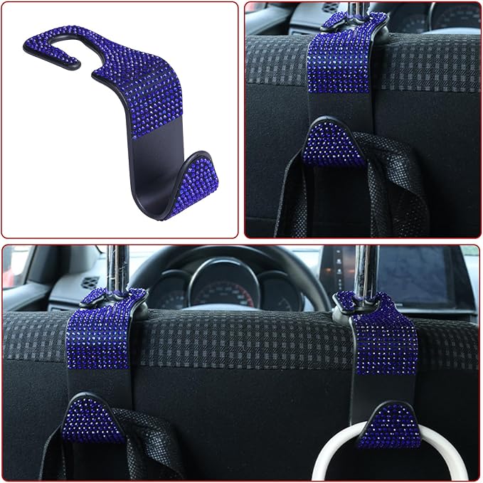 4PCS Bling Car Seat Headrest Hooks, Vehicle Back Seat Purse Handbag Hanging Holder with Crystal Rhinestone, Diamond Storage Organizer Hook,Bling Car Accessories for Women (Blue) - Image 7