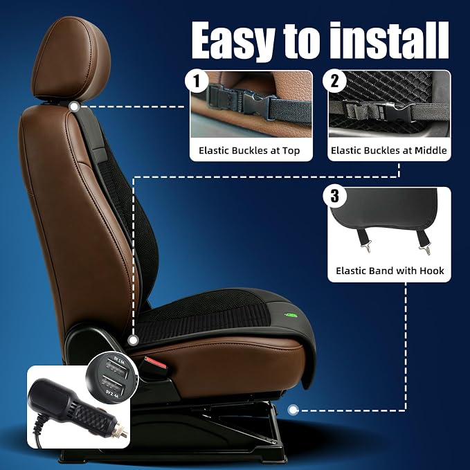 3-Speed Ventilated Cooling Car Seat Cover for Cars with Breathable Ice Silk | 12V Non-Slip Cooled Ventilated Car Seat Cushion Front Seat with 2 Turbon Fans, Universal Fit for Car SUV Truck Home Office - Image 9