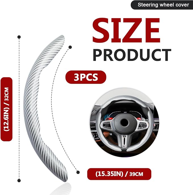 3pcs Universal Carbon Fiber Steering Wheel Cover - Anti-Slip & Segmented Design, Universal 99% Durable Steering Wheel Protector for Men and Women, Car Interior Accessory (White) - Image 2