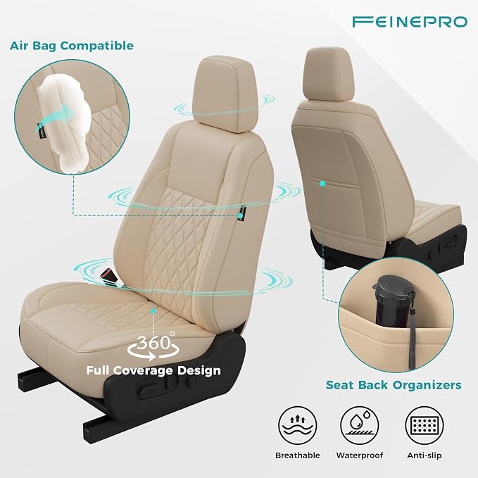 Custom Seat Covers for Toyota Highlander 2014-2019 7 Seats Beige | faux leather, 2nd row captain chairs, waterproof, breathable, airbag compatible, stain resistant, easy install, durable - Image 5